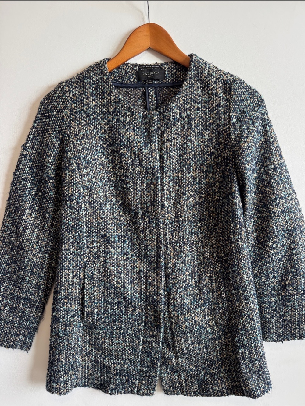 Talbots Vintage Blue and Green Tweed Collarless Blazer
